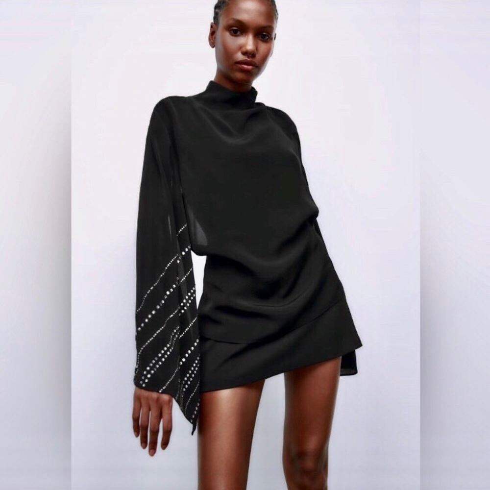 Zara RHINESTONE CAPE SLEEVED high collar open back Black BLOUSE sz.S